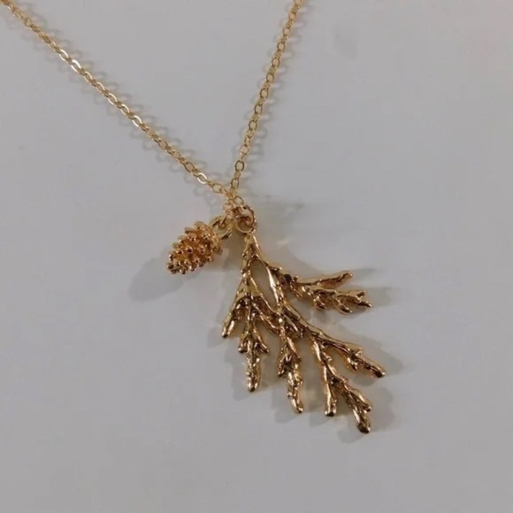 NEW! Gold Pinecone Pine Bough Pendant Necklace Nature Outdoors Trees Evergreen - Picture 1 of 9
